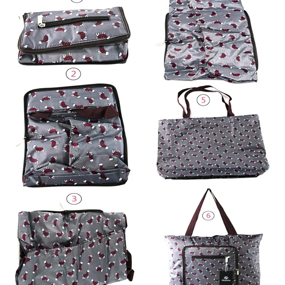 Gray With Red Portable Foldable Zippered Tote Bag Lightweight For Everyday Use